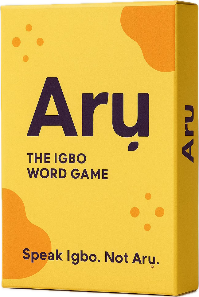 Yellow box of 'Aru: The Igbo Word Game' with black text and orange accents.